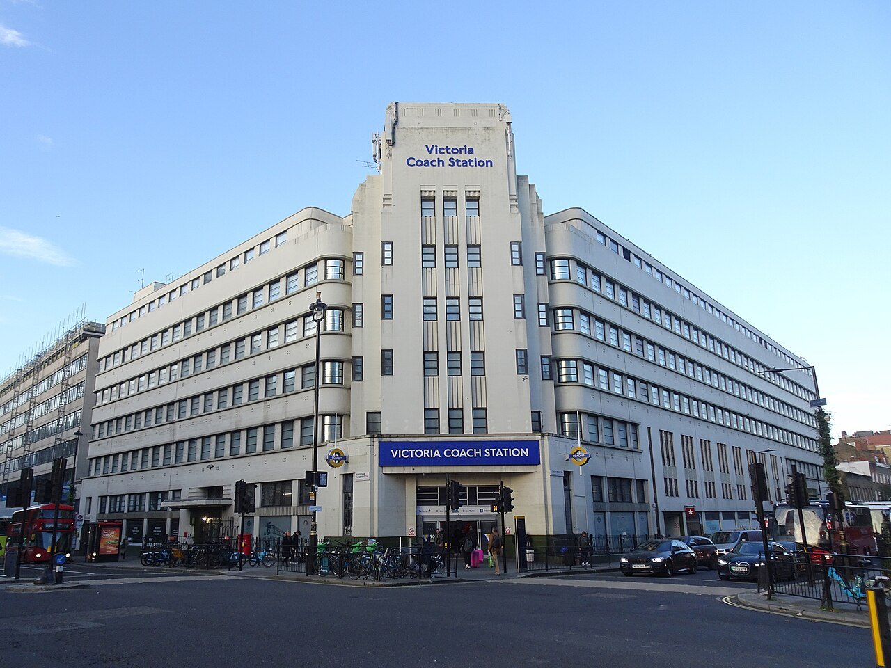The Art Deco front of Victoria Coach Station, a pale stone block with its name above the entrance