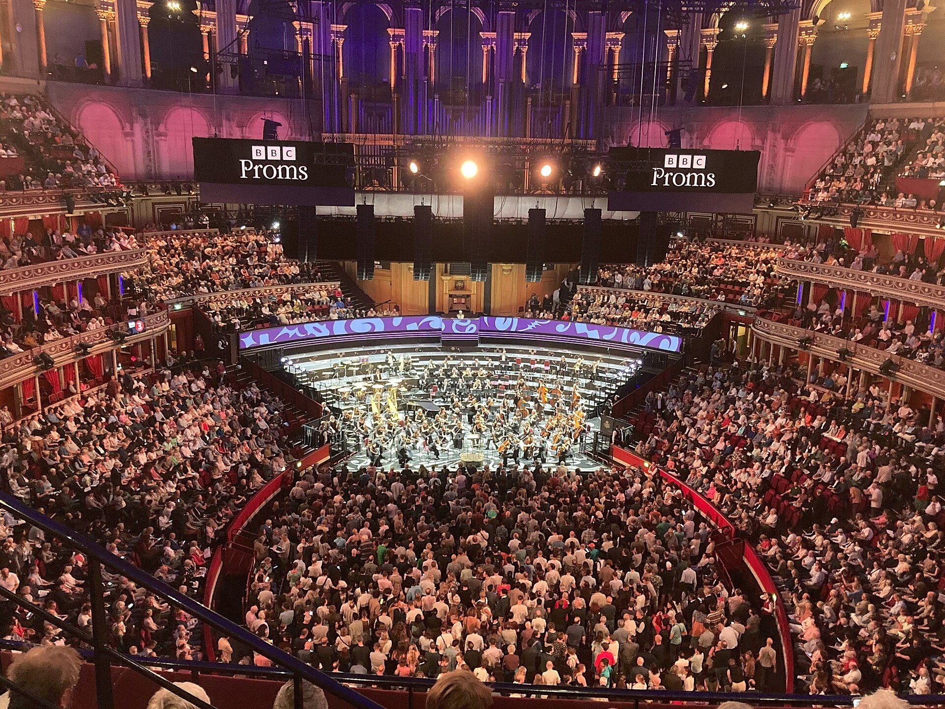 A full Royal Albert Hall for a Proms concert, the orchestra in the arena below the tiers