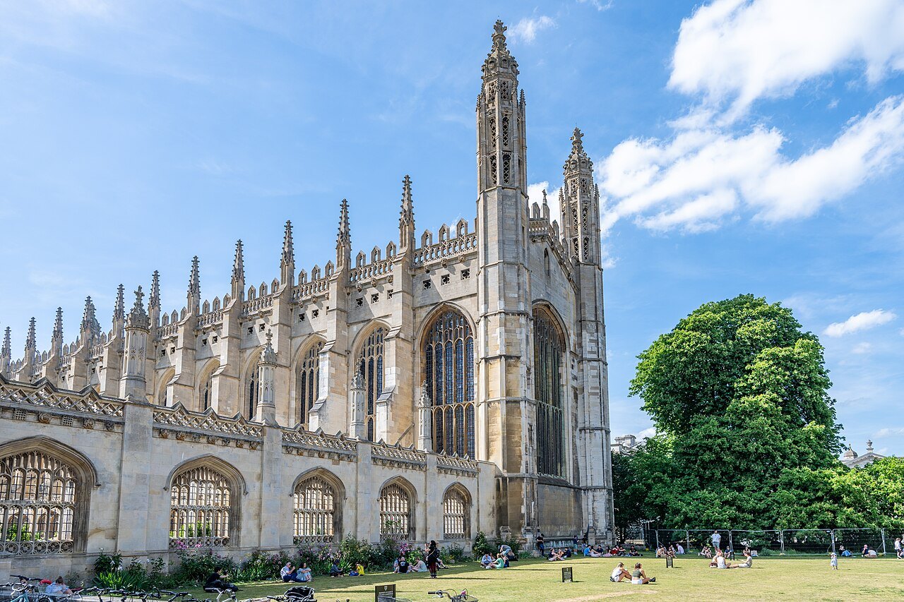 King's College Chapel at Cambridge, its pinnacled stone front rising above the lawn