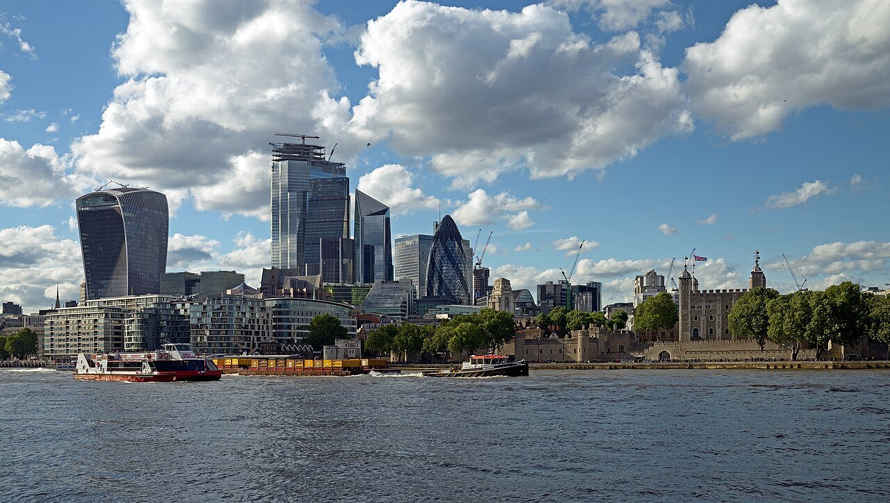 The City's towers and the Tower of London seen across the river from Potters Fields
