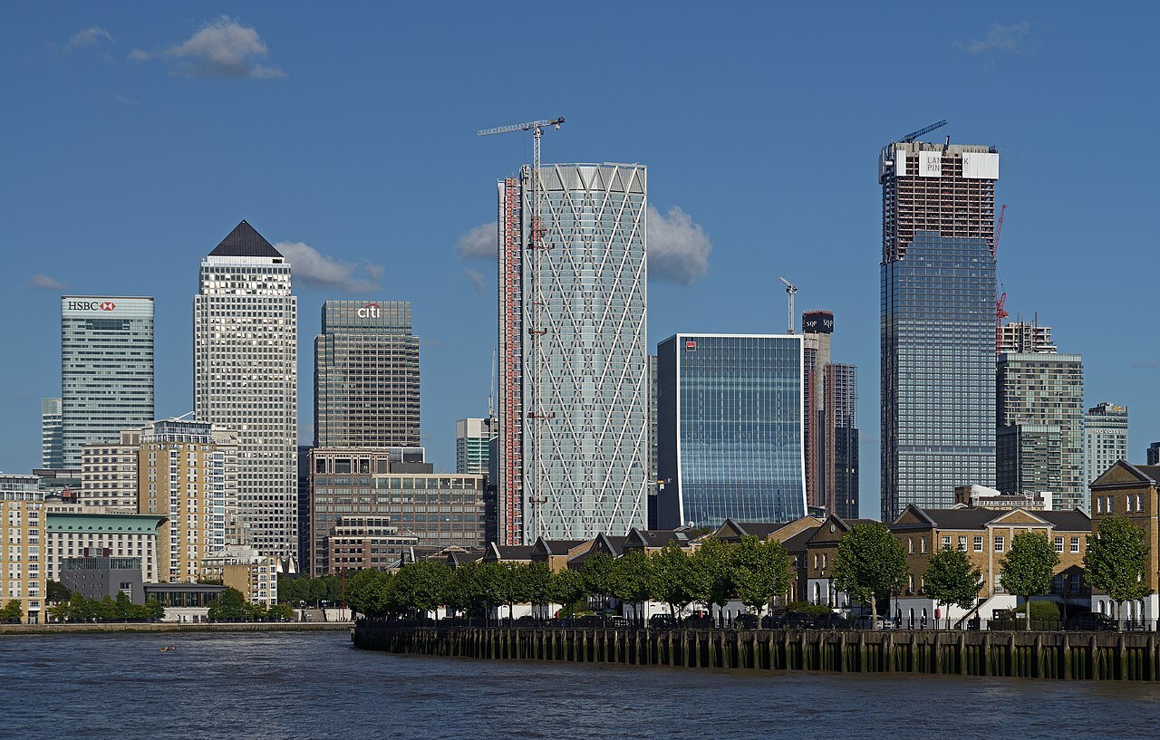 The glass towers of Canary Wharf seen from the river at Greenwich