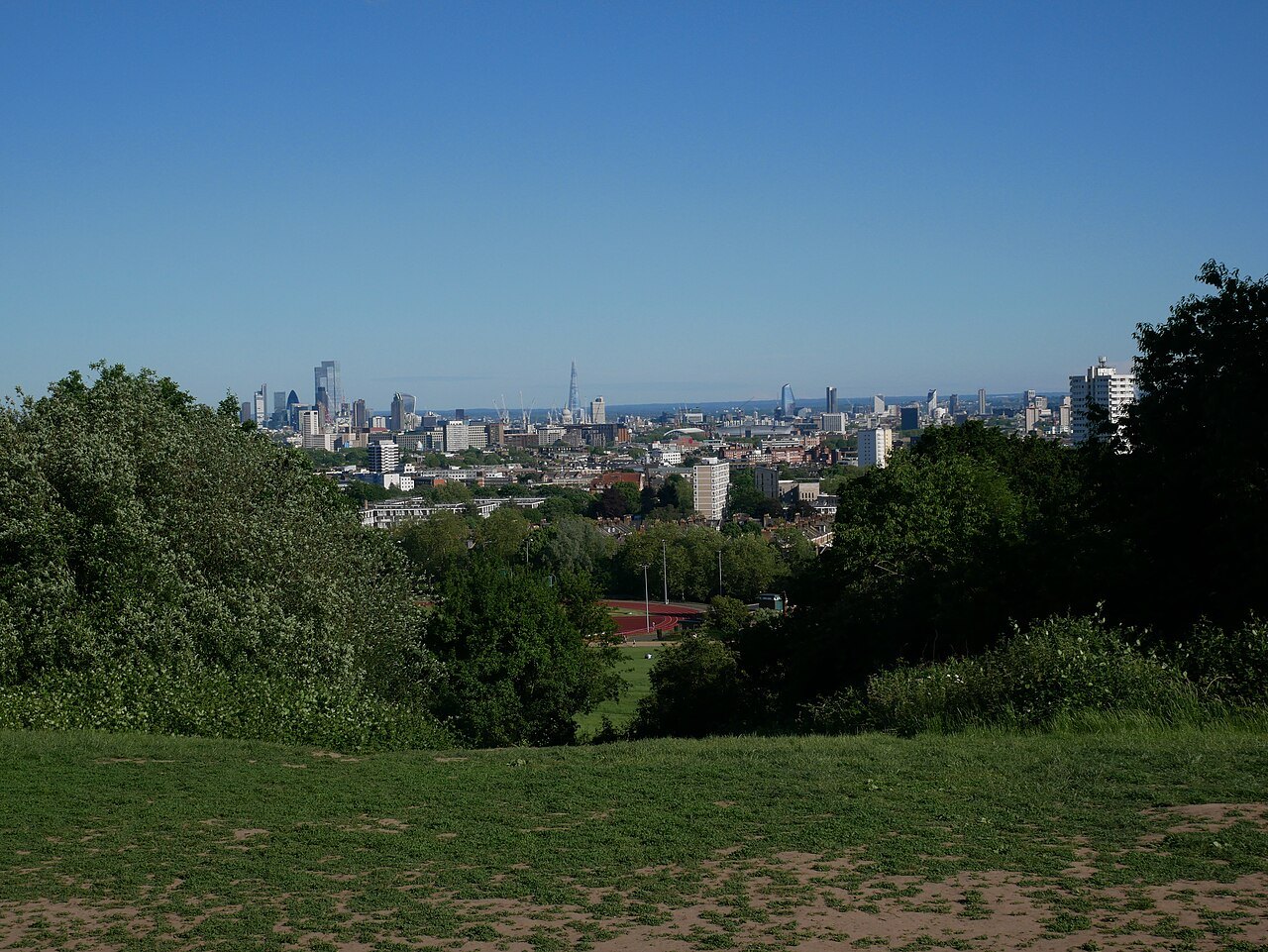 London's skyline from Parliament Hill, the towers of the City rising beyond the park