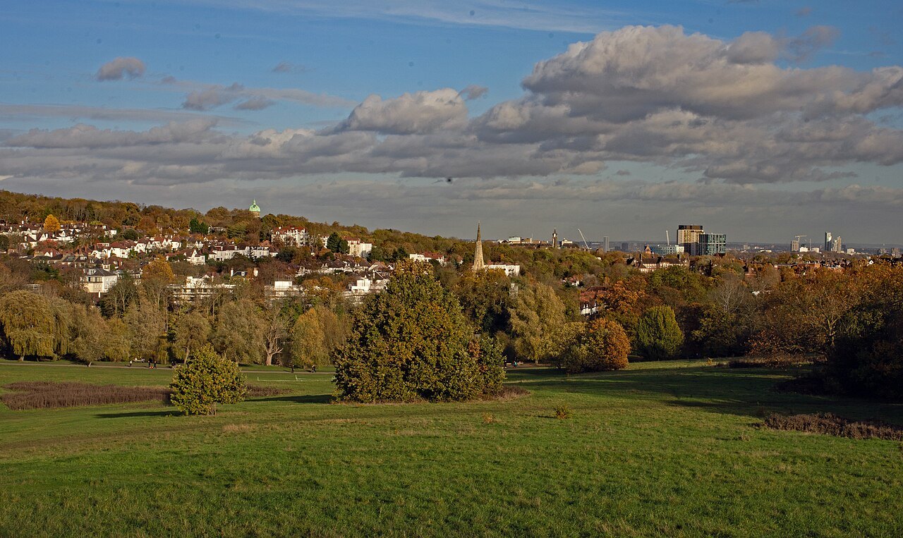 An autumn view from Hampstead Heath across the grass to the houses and church spire of Highgate