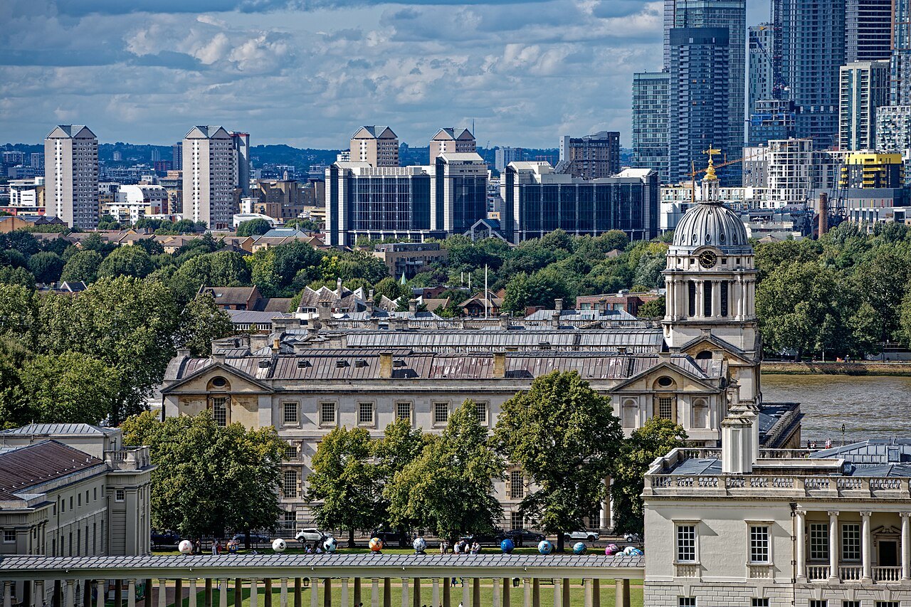 Domes of the Old Royal Naval College and the Queen's House, with the towers of Canary Wharf behind