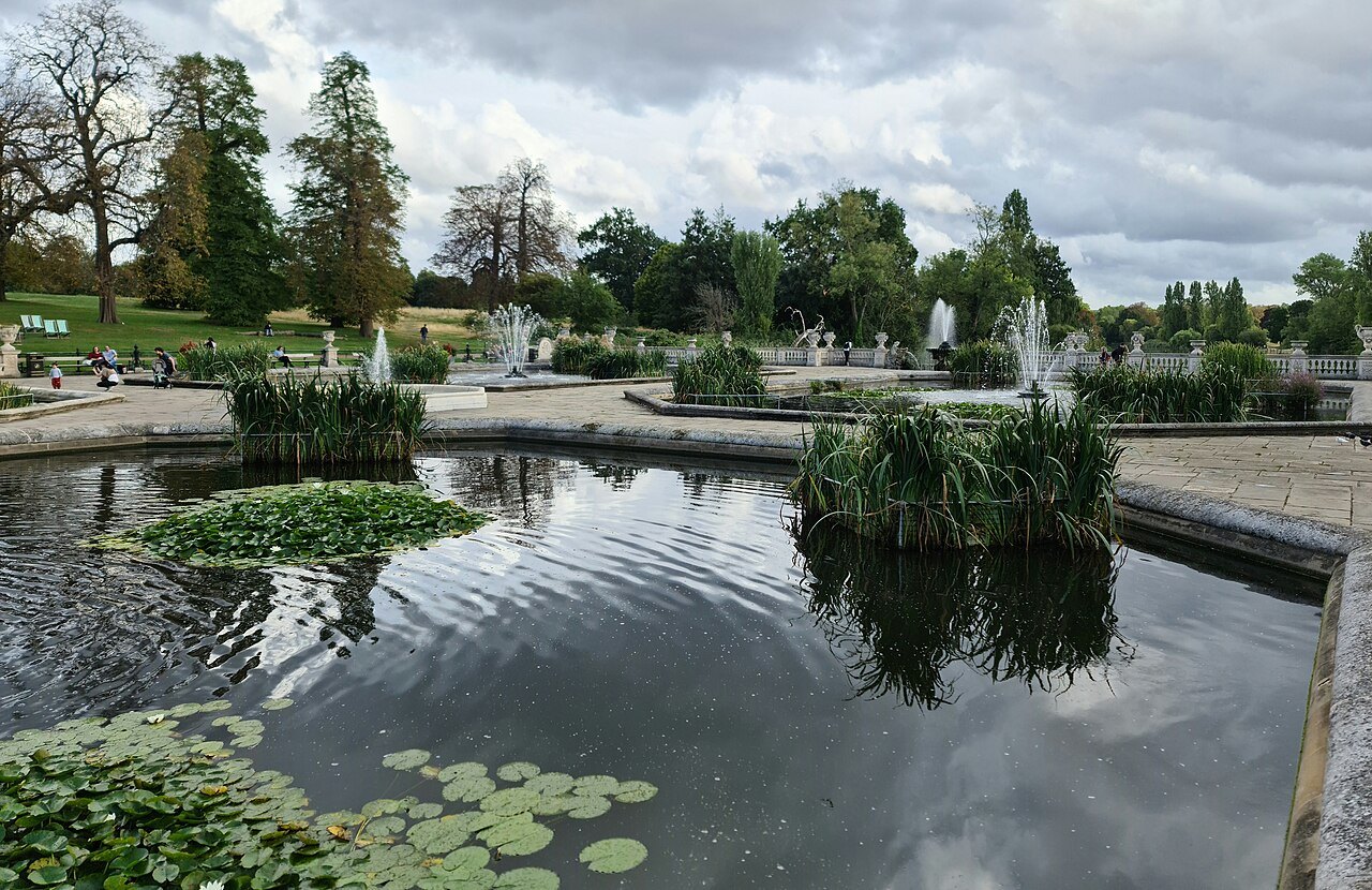A pond with water lilies and fountains in the Italian Gardens, Kensington Gardens
