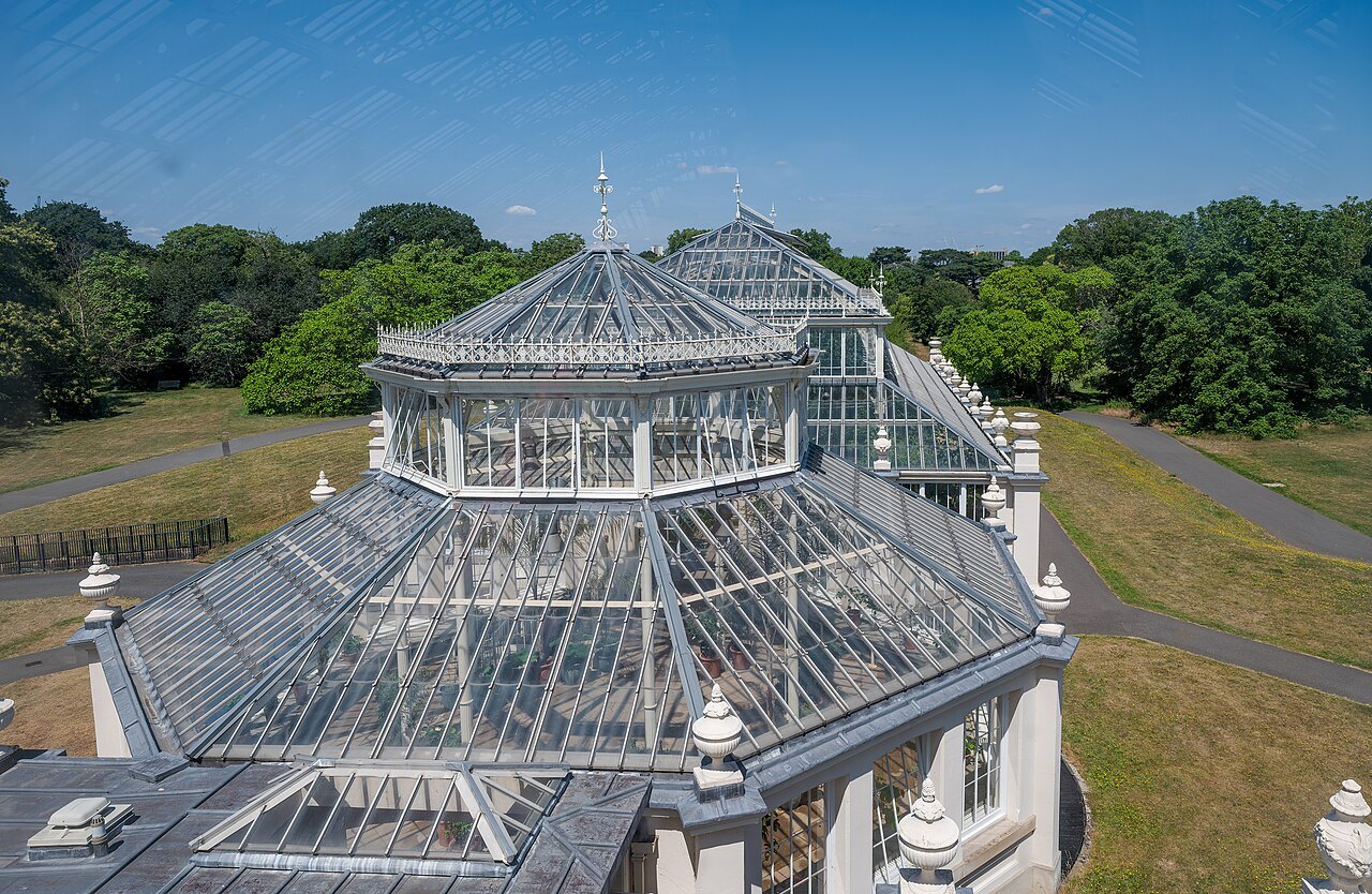 The Temperate House at Kew seen from above, its glass roofs rising over a green park