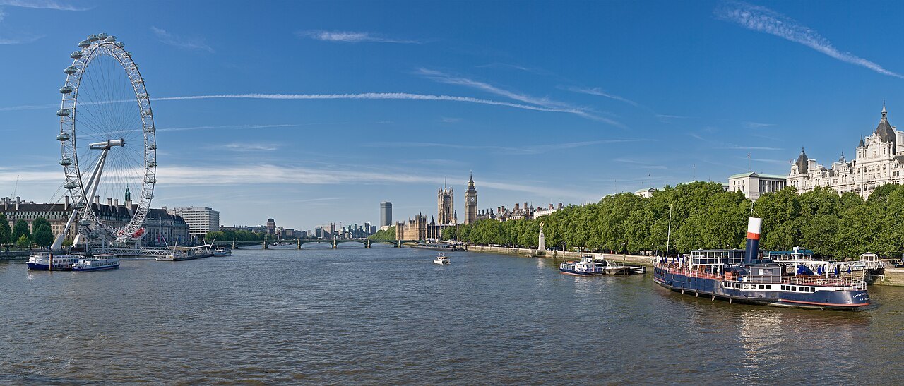 The Thames from Westminster Bridge, with the London Eye at the left and the Palace of Westminster in the distance