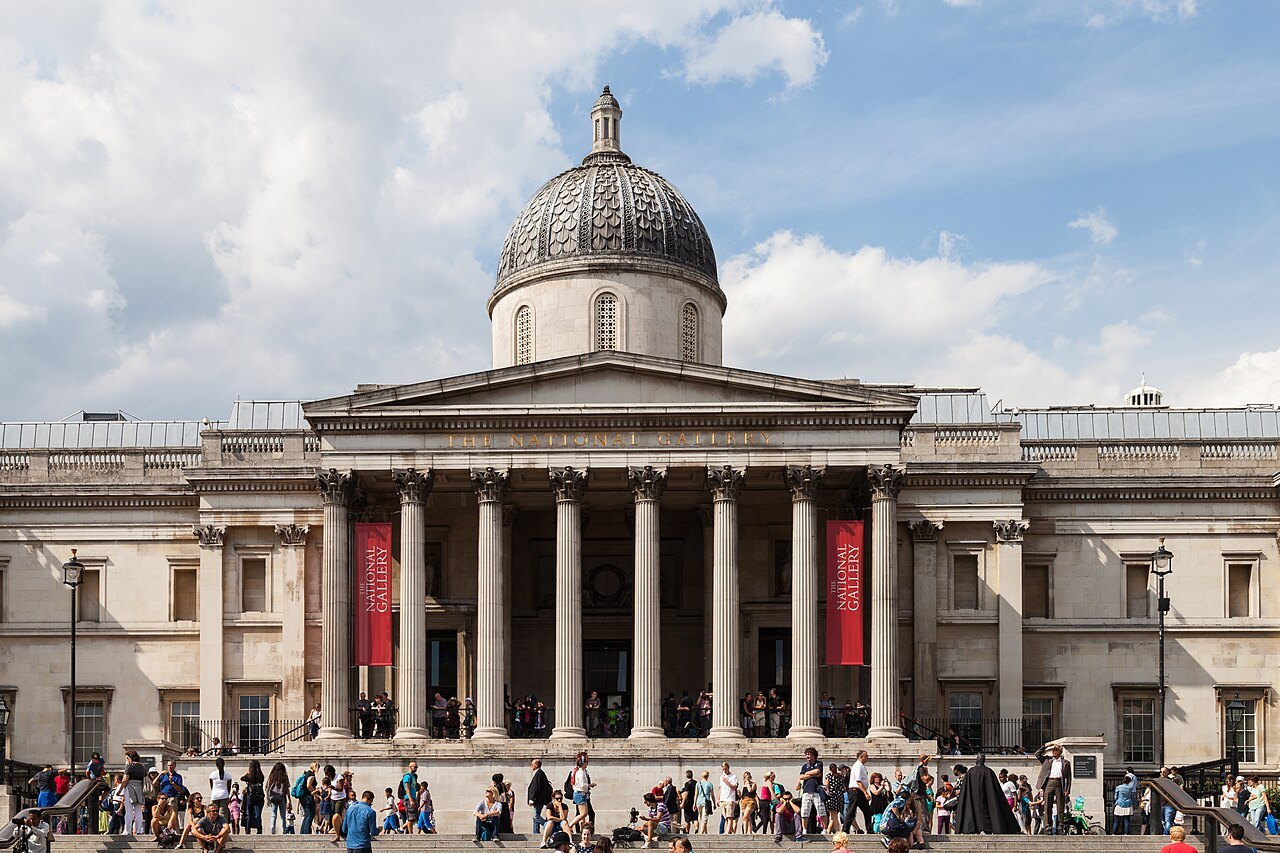 The National Gallery's central portico and dome, seen from the square under broken cloud