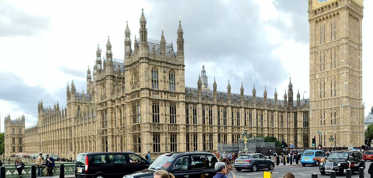 The Palace of Westminster seen from across the road, with the Elizabeth Tower at the right edge