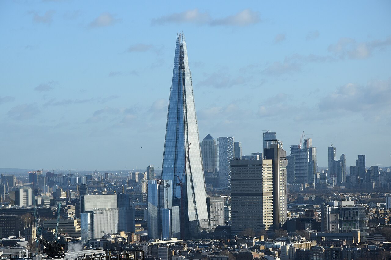 The Shard among the towers of the City and Canary Wharf, seen from the London Eye
