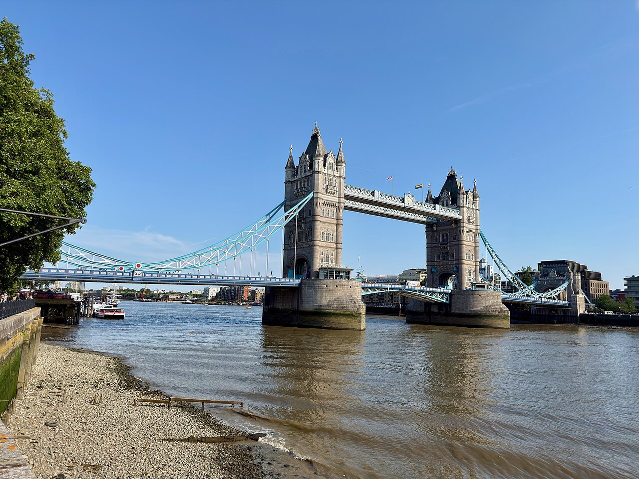 Tower Bridge across the Thames from the foreshore at low tide