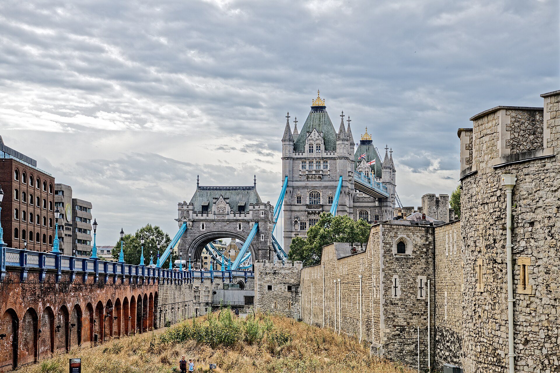 Tower Bridge beyond the walls of the Tower of London, seen from the battlements