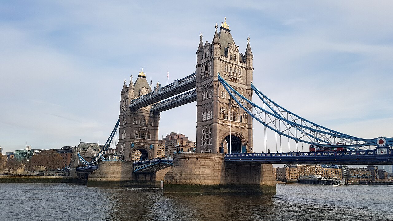 Tower Bridge and its approach seen from the water level, with the Thames in front