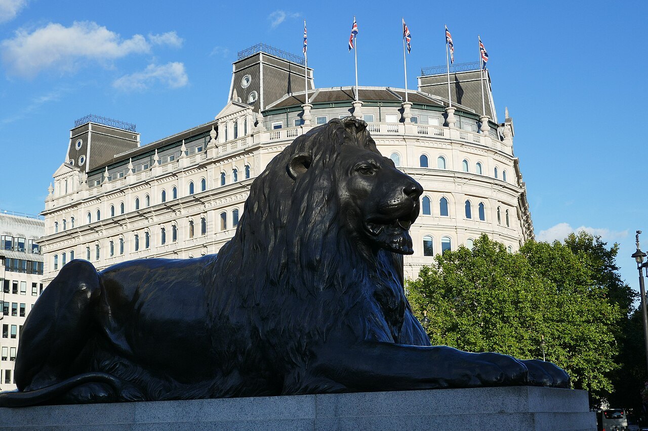 A bronze lion at the foot of Nelson's Column, with the buildings of the square behind