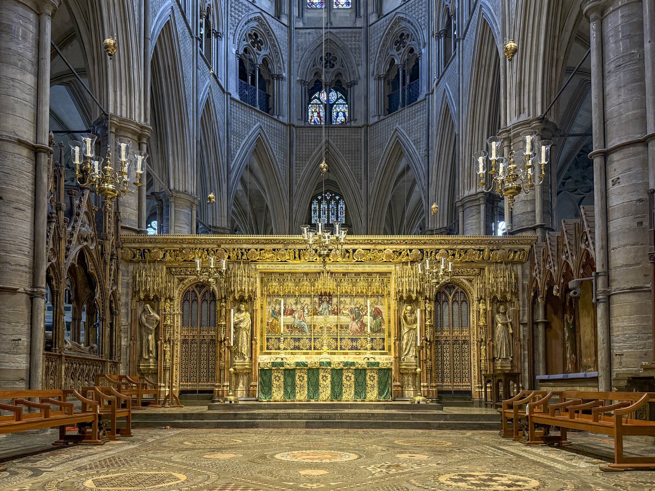 The High Altar and sanctuary of Westminster Abbey, with its gilded screen and patterned floor